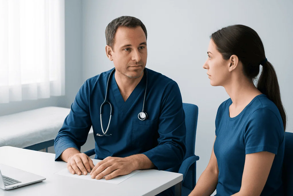 Doctor consulting with a female patient in a medical office.