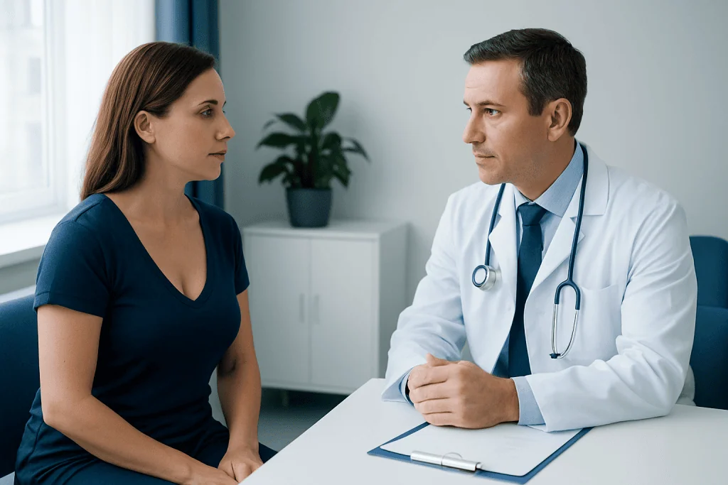 Doctor consulting with a female patient in a medical office.