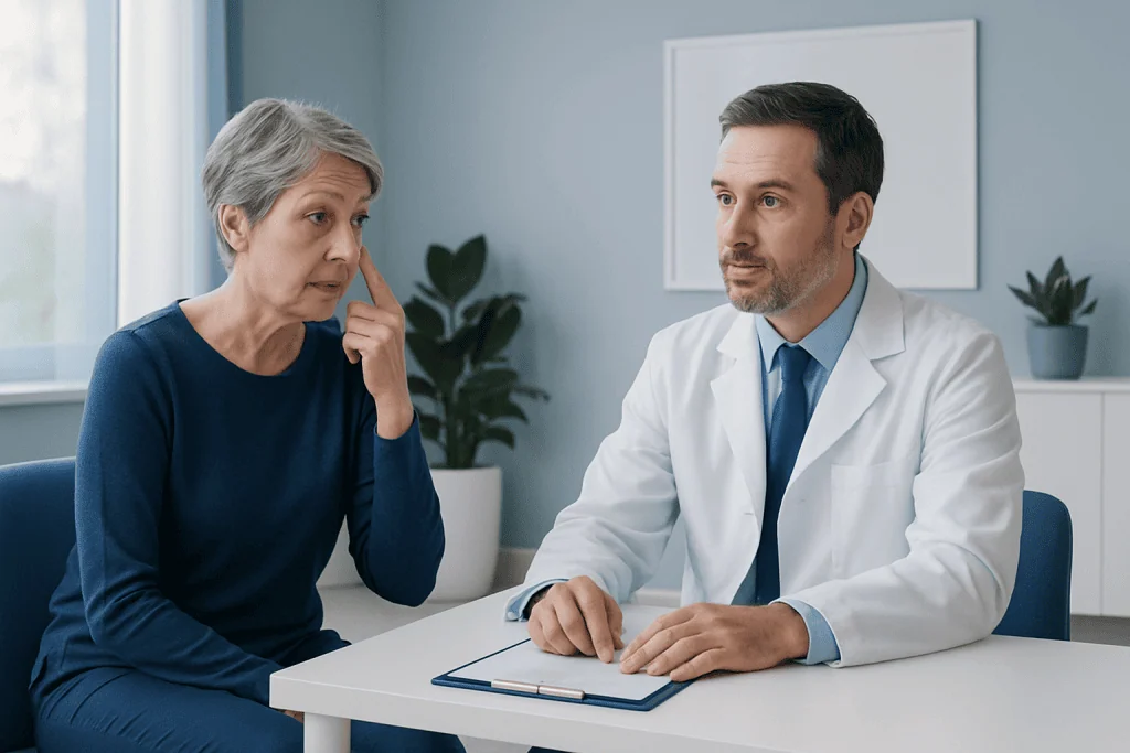 Oculoplastic consultation between doctor and patient in clinic.