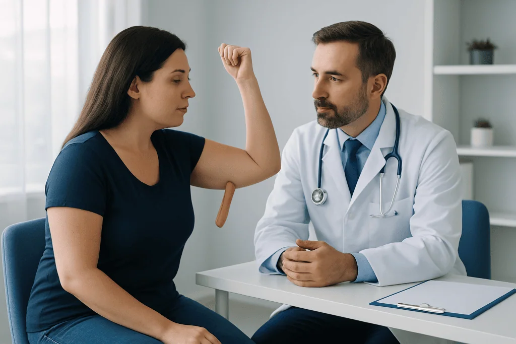 Doctor examining patient's arm for potential cosmetic surgery options.