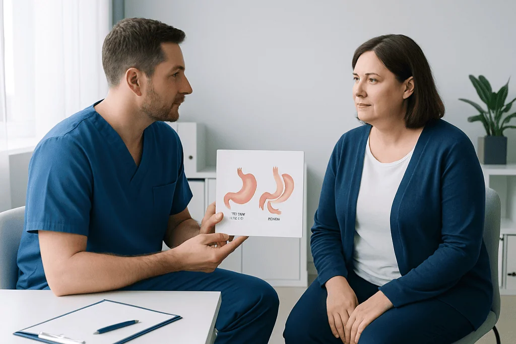 Doctor explaining gastric surgery options to a patient with stomach diagrams.