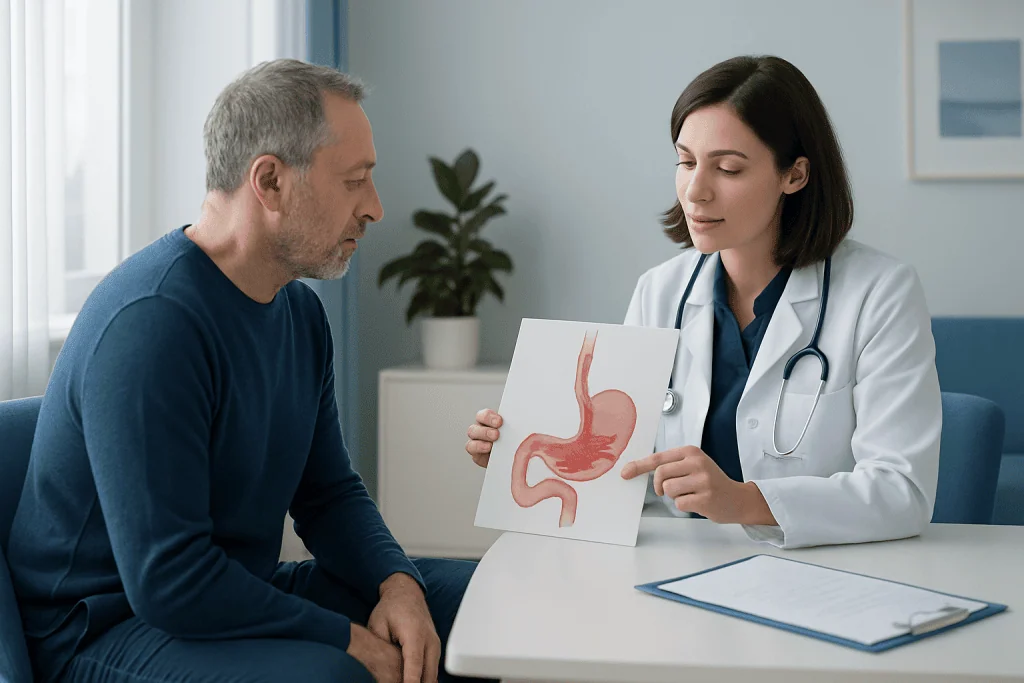 Doctor explaining stomach anatomy to patient during consultation.