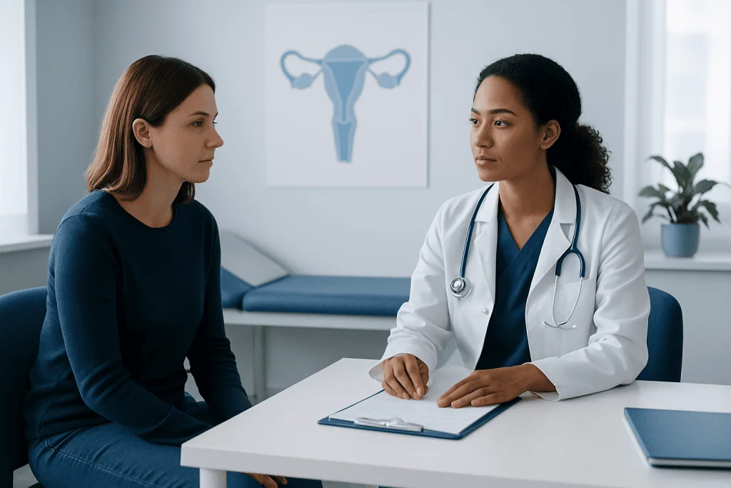 Doctor consulting with patient about reproductive health in clinic.