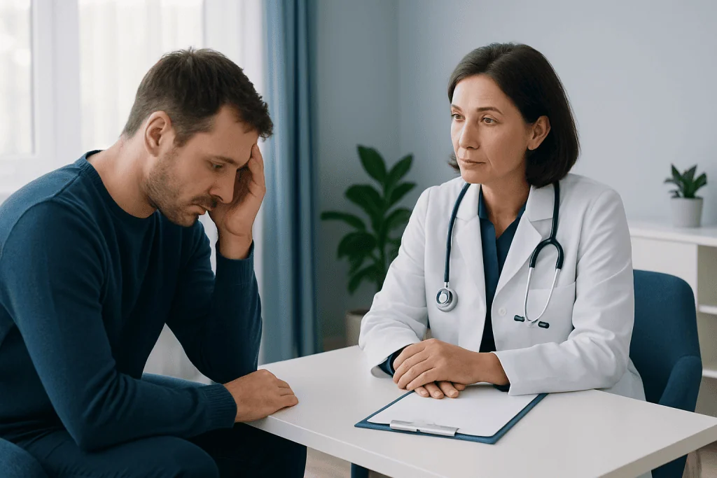 Depressed man consulting a doctor in a medical office.