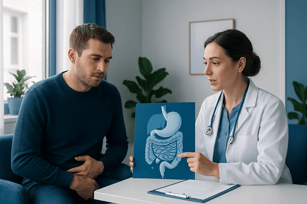 Doctor explaining Crohn's disease to patient with digestive system model.