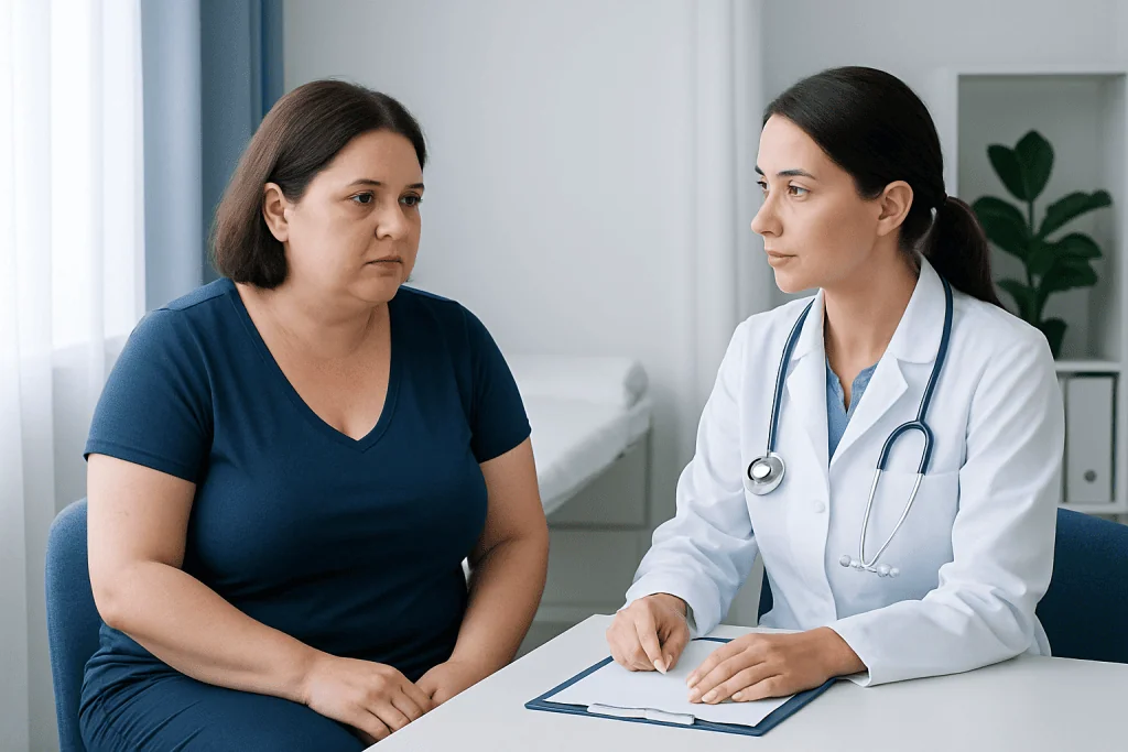 Doctor consulting with patient about breast reduction recovery process.