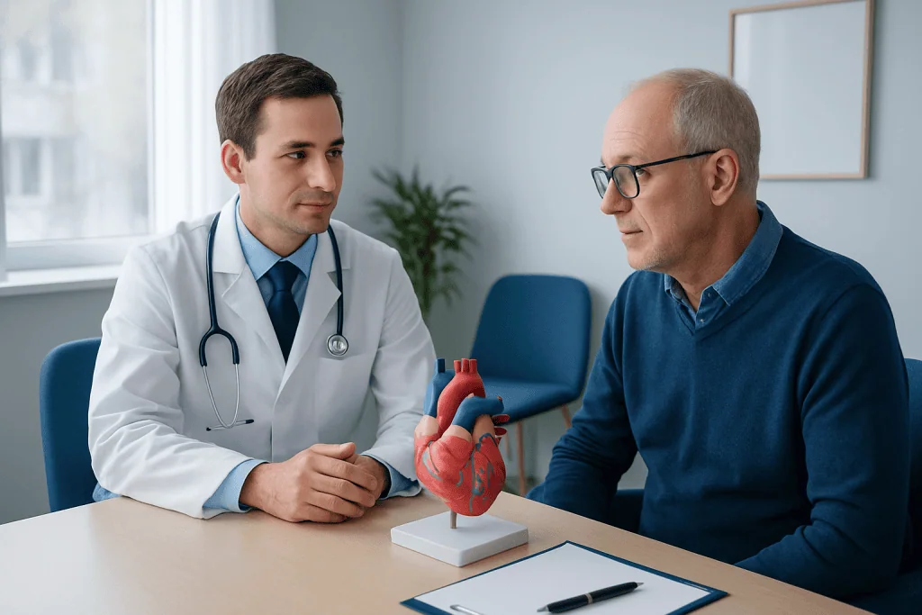 Cardiologist explaining heart health to patient with heart model.