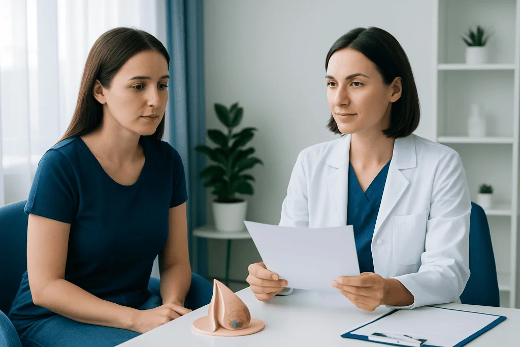 Doctor consulting patient about aesthetic surgery options in clinic.