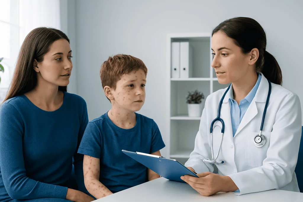 Doctor consulting with a young boy and his mother in a medical office.