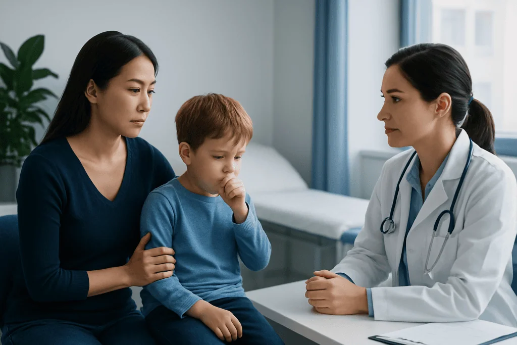 Doctor consulting with mother and child about cough symptoms in a hospital.