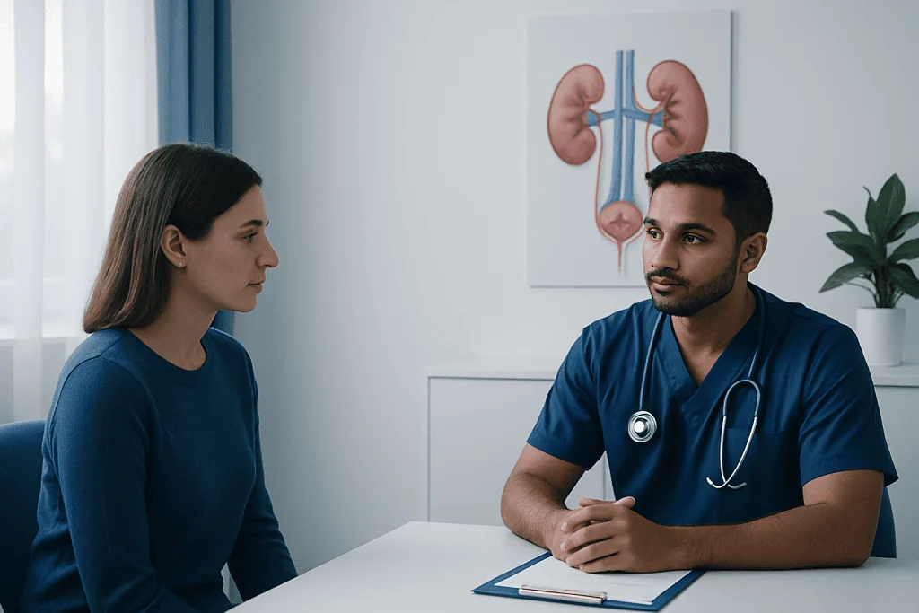 Doctor consulting female patient about kidney health in a clinical setting.