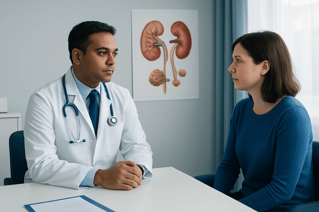 Doctor consulting with a patient about kidney health and stones.