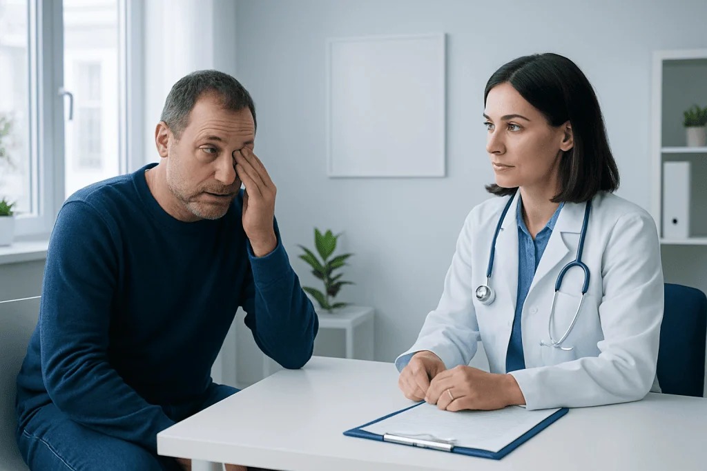 Patient consulting with doctor about eye discomfort in a medical office.