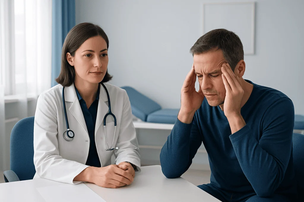Doctor consulting with a patient experiencing headache symptoms.
