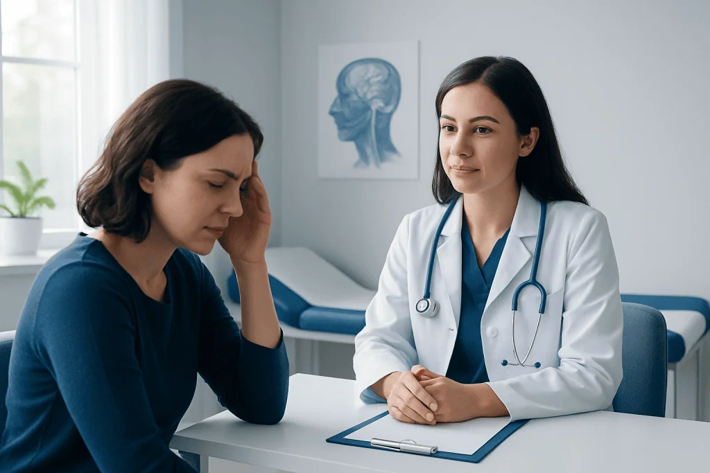 Doctor consulting with a patient about migraine relief options in a clinic.