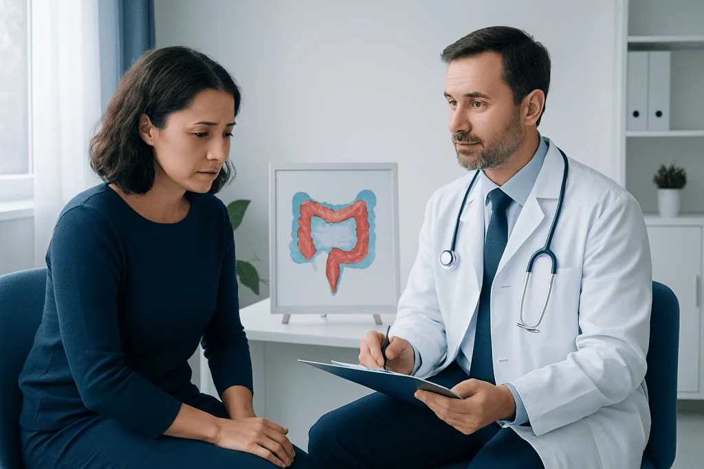 Doctor consulting with patient about ulcerative colitis treatment options.