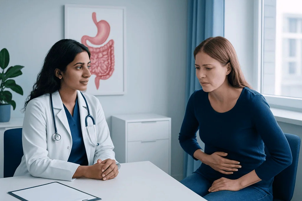 Doctor consulting with a patient about digestive health in a medical office.