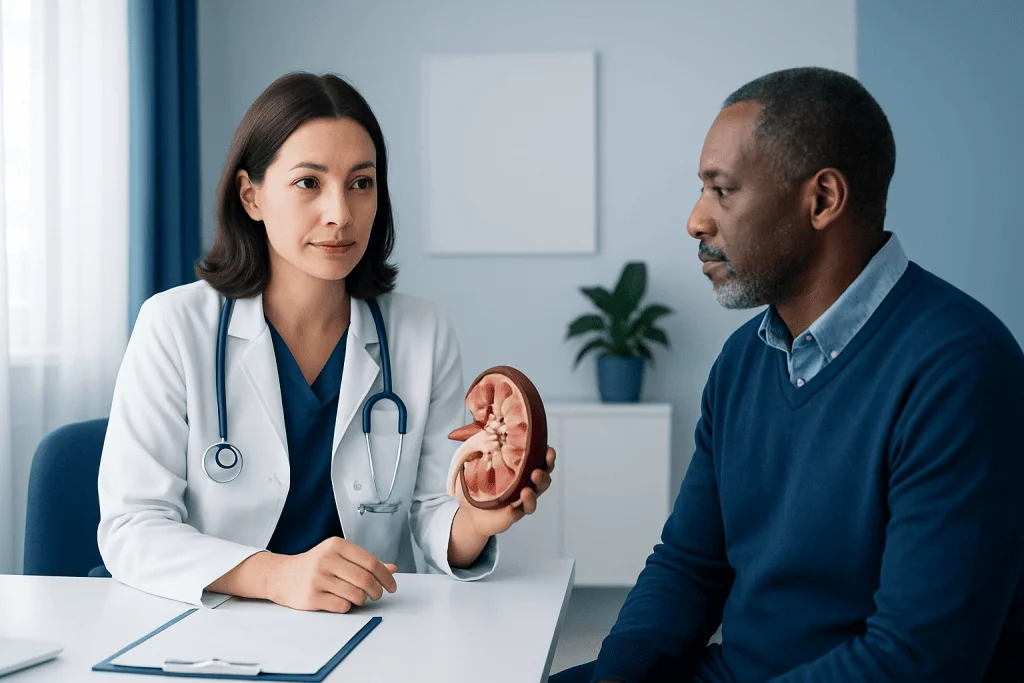 Doctor explaining kidney anatomy to patient in consultation room.