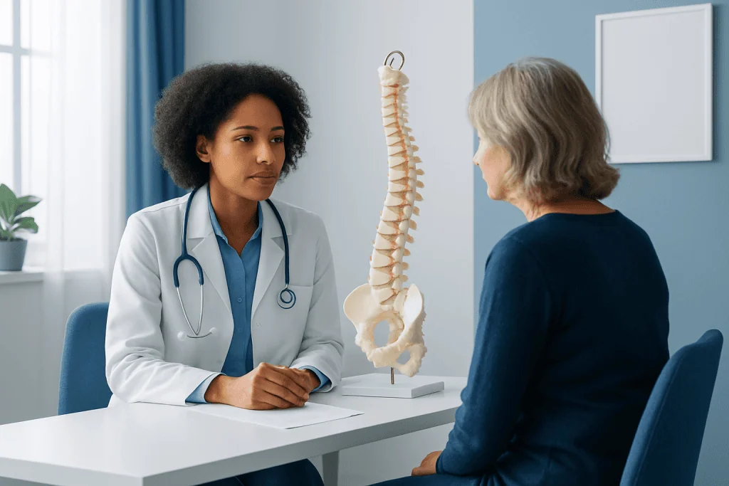 Doctor explaining spinal anatomy to patient in a medical consultation.