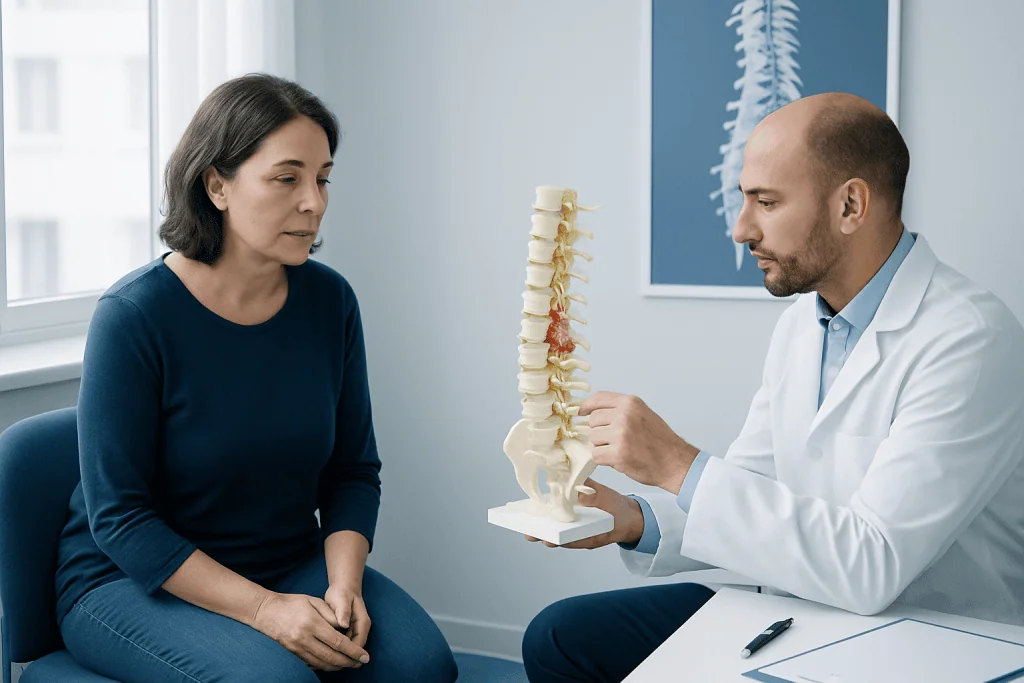 Doctor explaining spinal anatomy to a patient with a model of the spine.