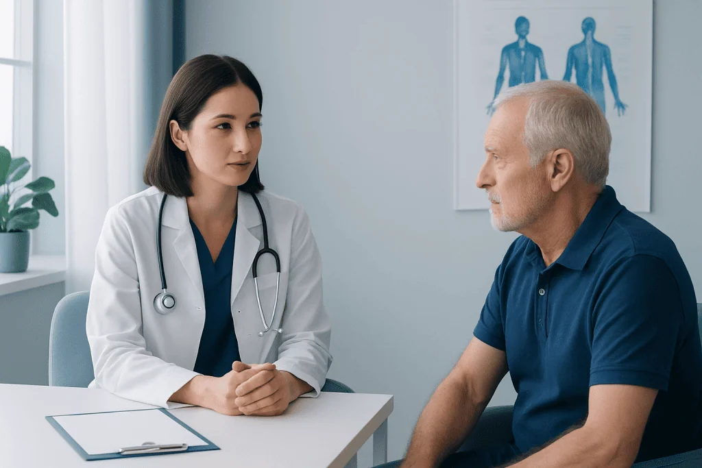 Doctor consulting with an elderly patient in a medical office.