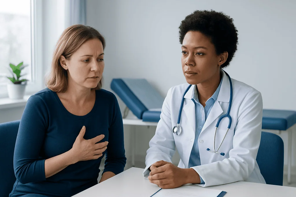 Doctor discussing breast health with a patient in a clinical setting.