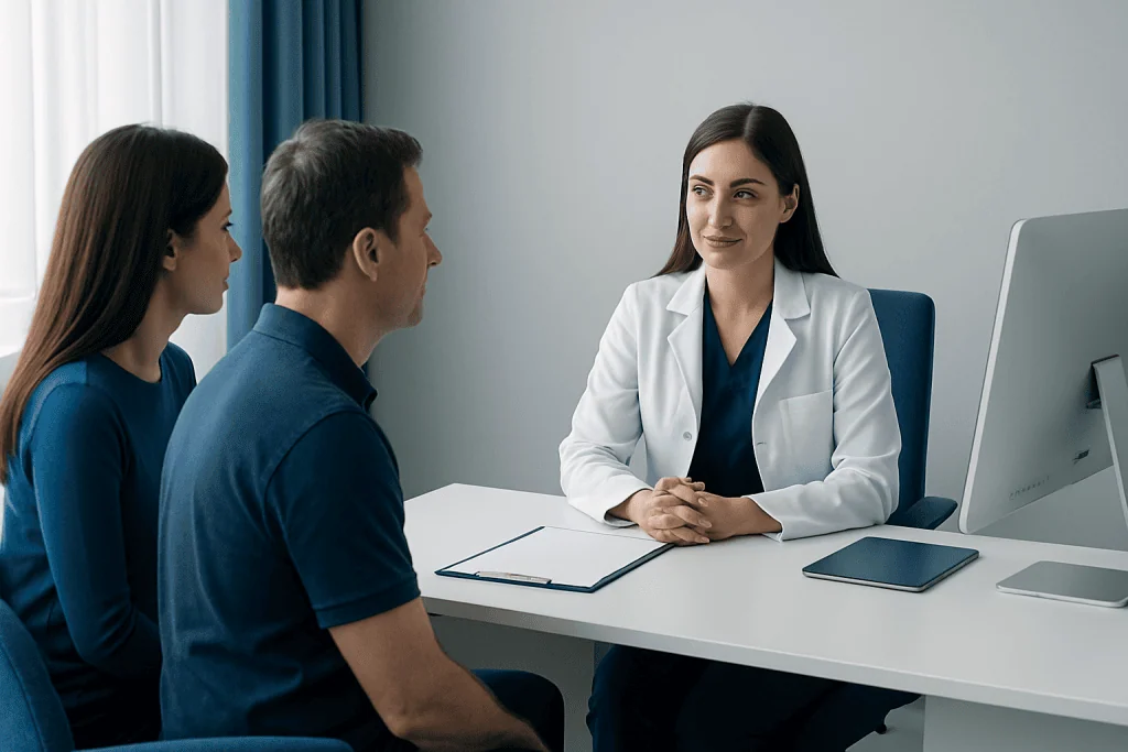 Doctor consulting with international patients in a modern clinic setting.