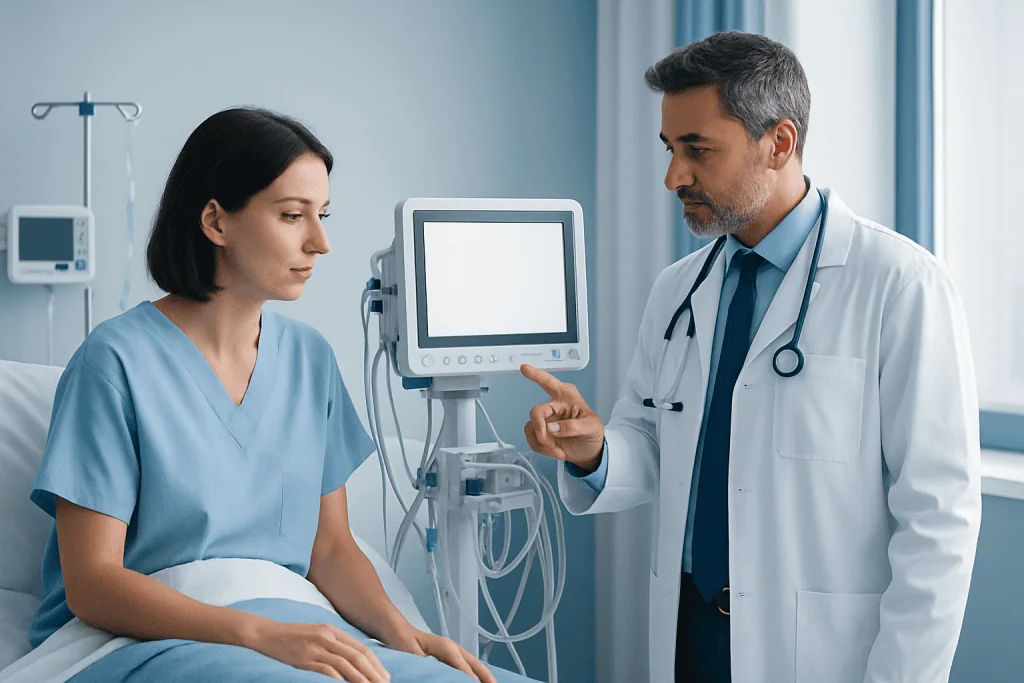 Doctor explaining medical information to a female patient in hospital room.