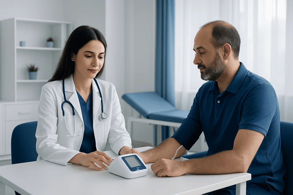 Doctor measuring blood pressure of a patient in a clinical setting.