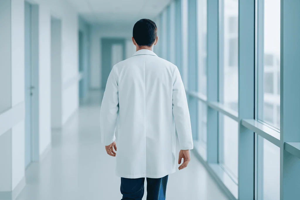 Chemotherapy in Turkey: Comprehensive Oncology Services 1 Doctor walking in hospital corridor with large windows and natural light.