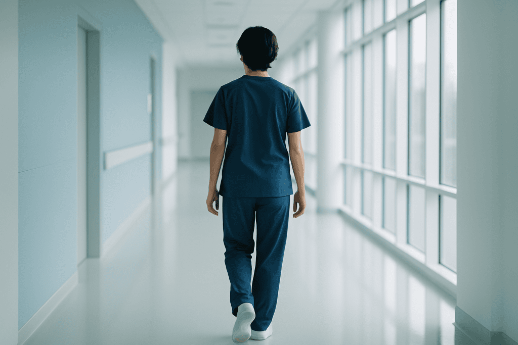 Chest Pain Due to Gas: All You Need to Know 1 Young male healthcare worker walking down hospital corridor with large windows.
