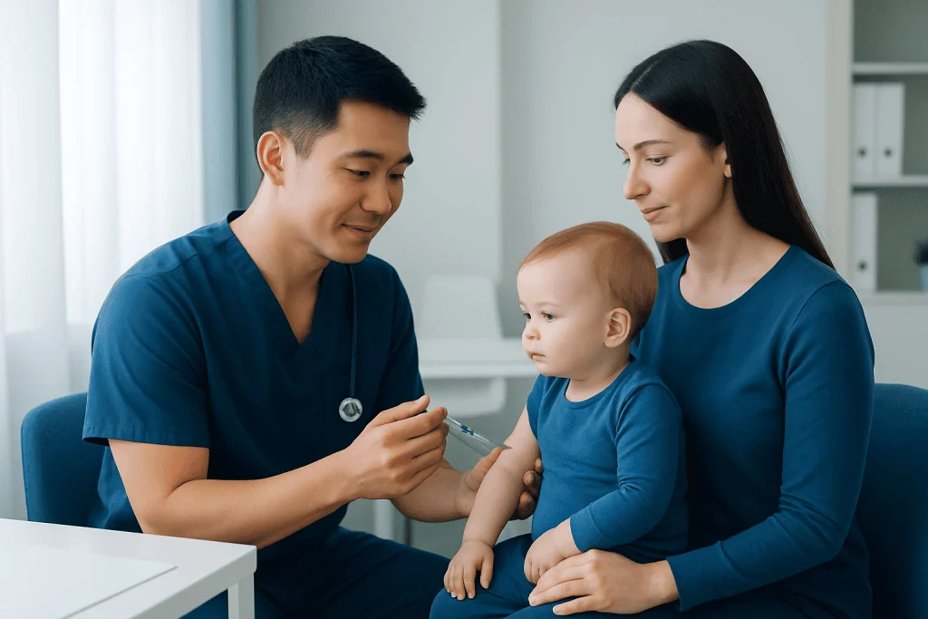 Pediatric vaccination consultation at Acibadem Hospital with doctor and mother.