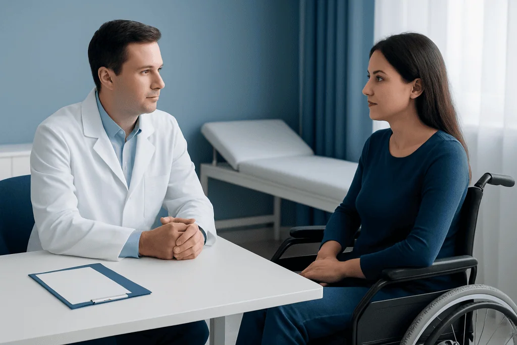 Doctor consulting a female patient in a wheelchair in a medical office.