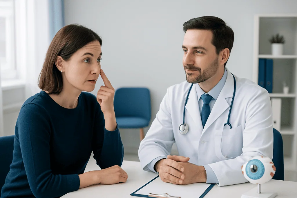 Oculoplastic consultation with a doctor and patient in a clinic setting.