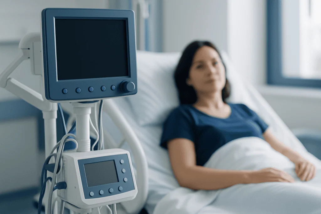 Patient resting in hospital bed with medical monitor in the background.