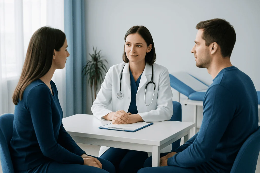 Doctor consulting with a couple in a medical office setting.