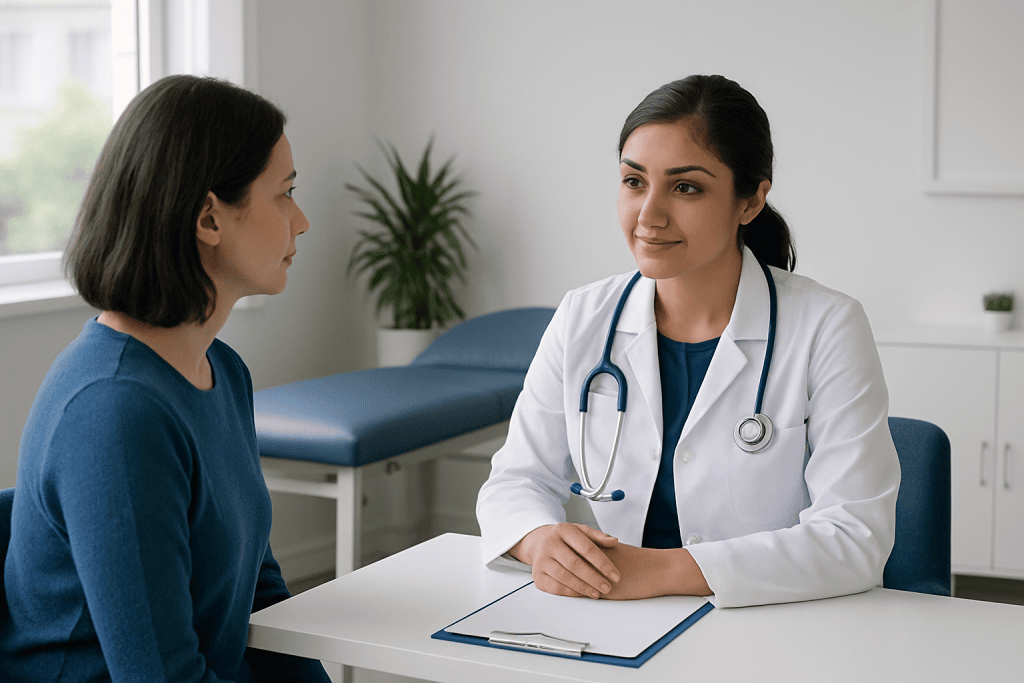 Doctor consulting with a patient in a modern medical office.
