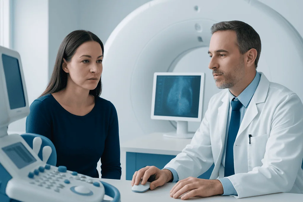 Medical consultation at Acibadem Hospitals Group with radiology imaging.