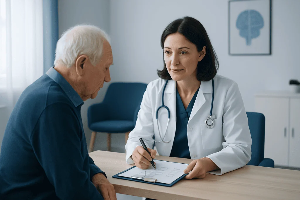 Doctor consulting with elderly patient about memory health in a clinic.