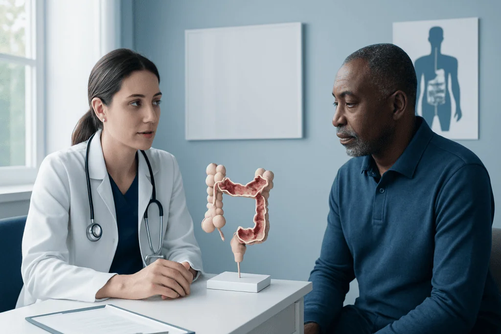 Doctor explaining colon anatomy to patient in a consultation room.