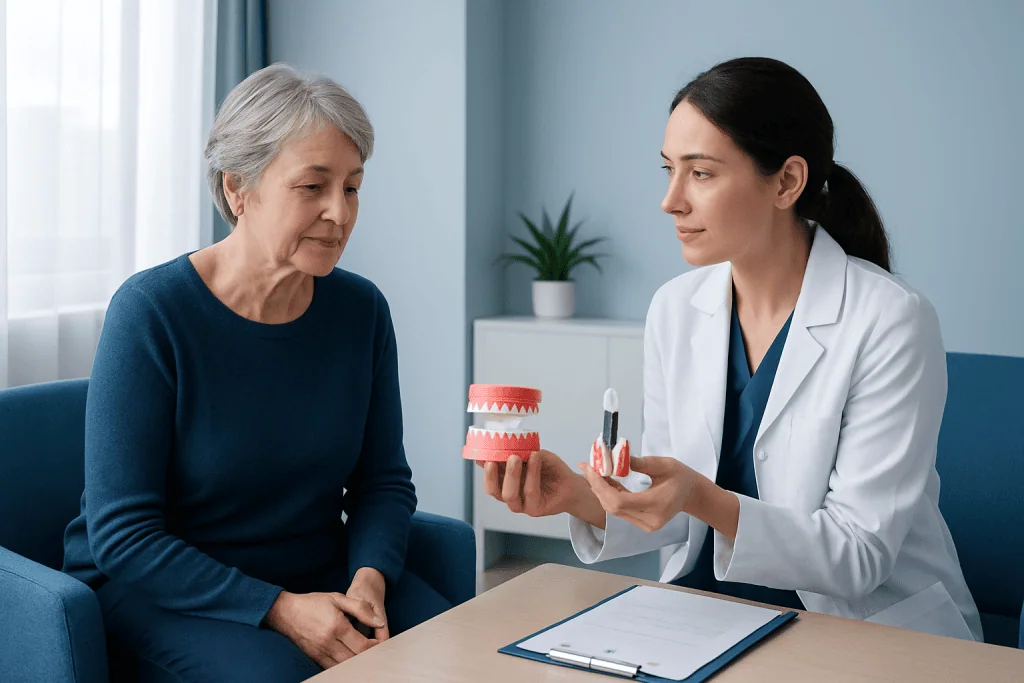 Dentist explaining dental implant options to an elderly woman in a clinic.