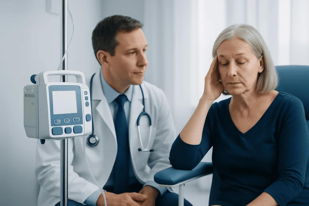 Doctor consulting with a patient about blood cancer symptoms in a clinical setting.