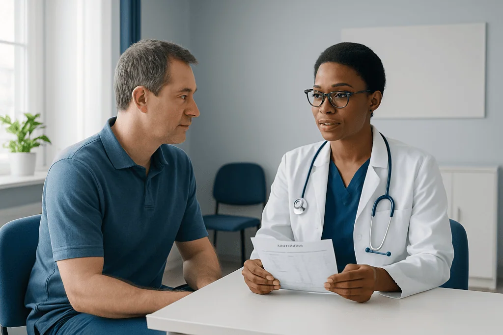 Doctor explaining blood test results to a patient in a clinical setting.