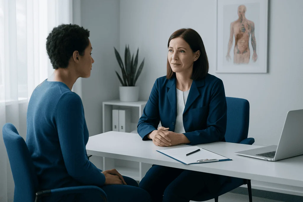 Doctor consulting with patient in a medical office setting.