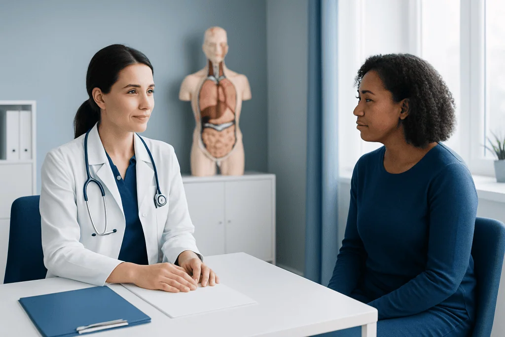 Doctor consulting with patient in a medical office with anatomical model in background.