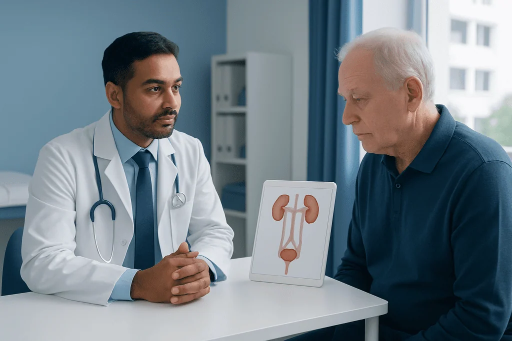 Urologist explaining urinary system to patient in consultation room.