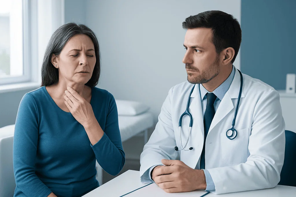 Doctor consulting with a woman experiencing difficulty swallowing in a clinical setting.