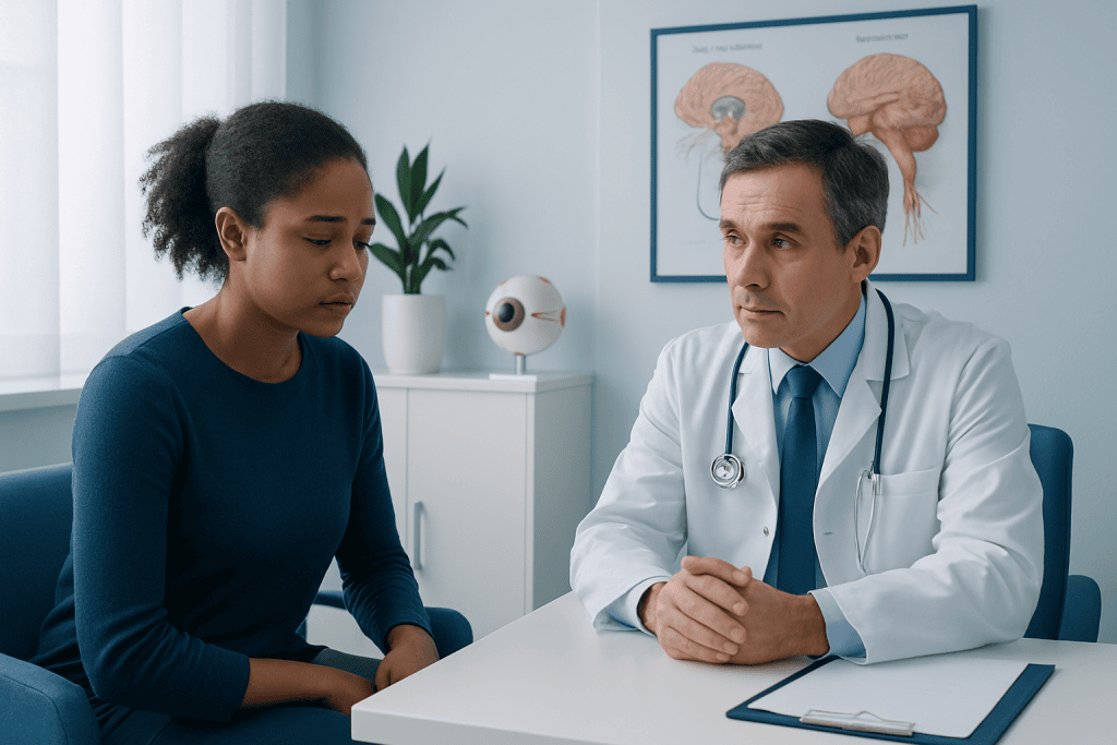 Doctor consulting with a patient about neurological eye issues in a clinic.