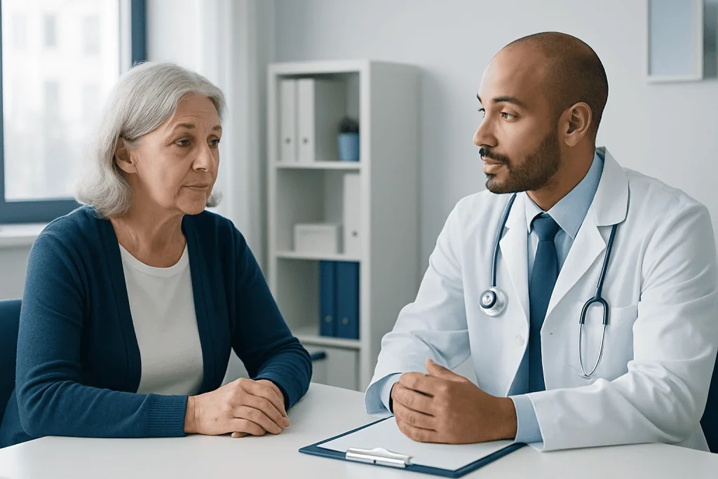 Doctor consulting with an elderly female patient in a medical office.