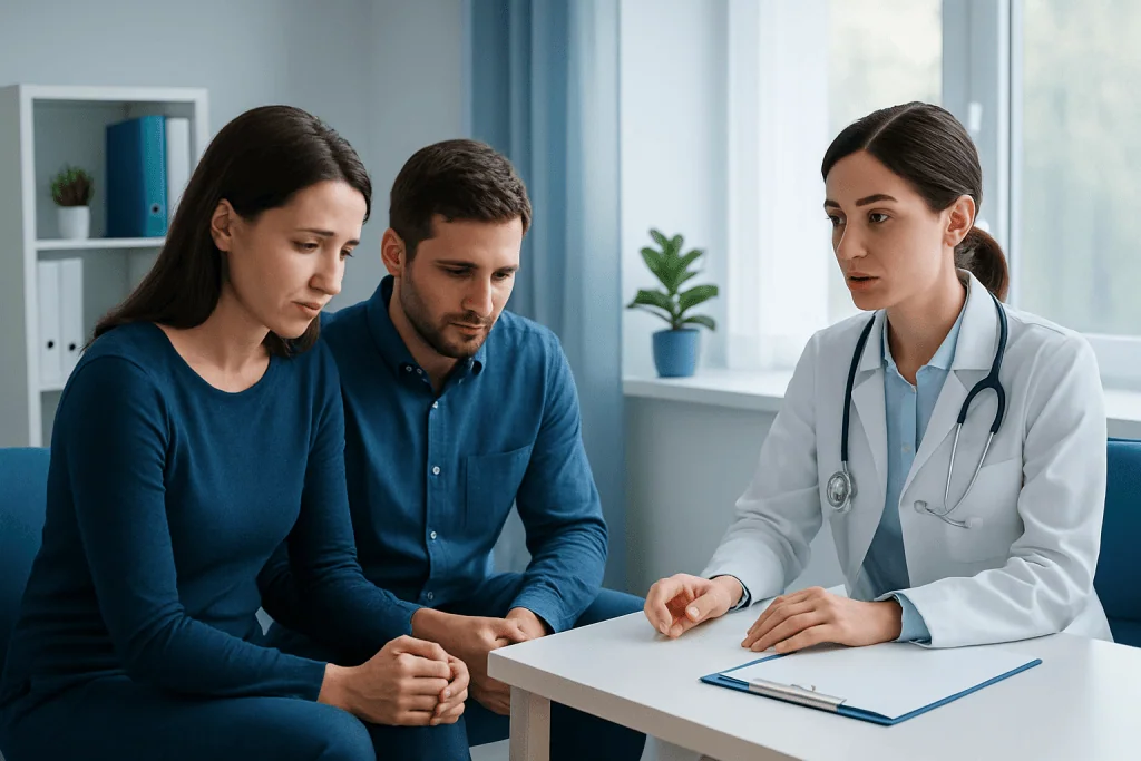 Doctor consulting with a couple about fertility and miscarriage testing options.